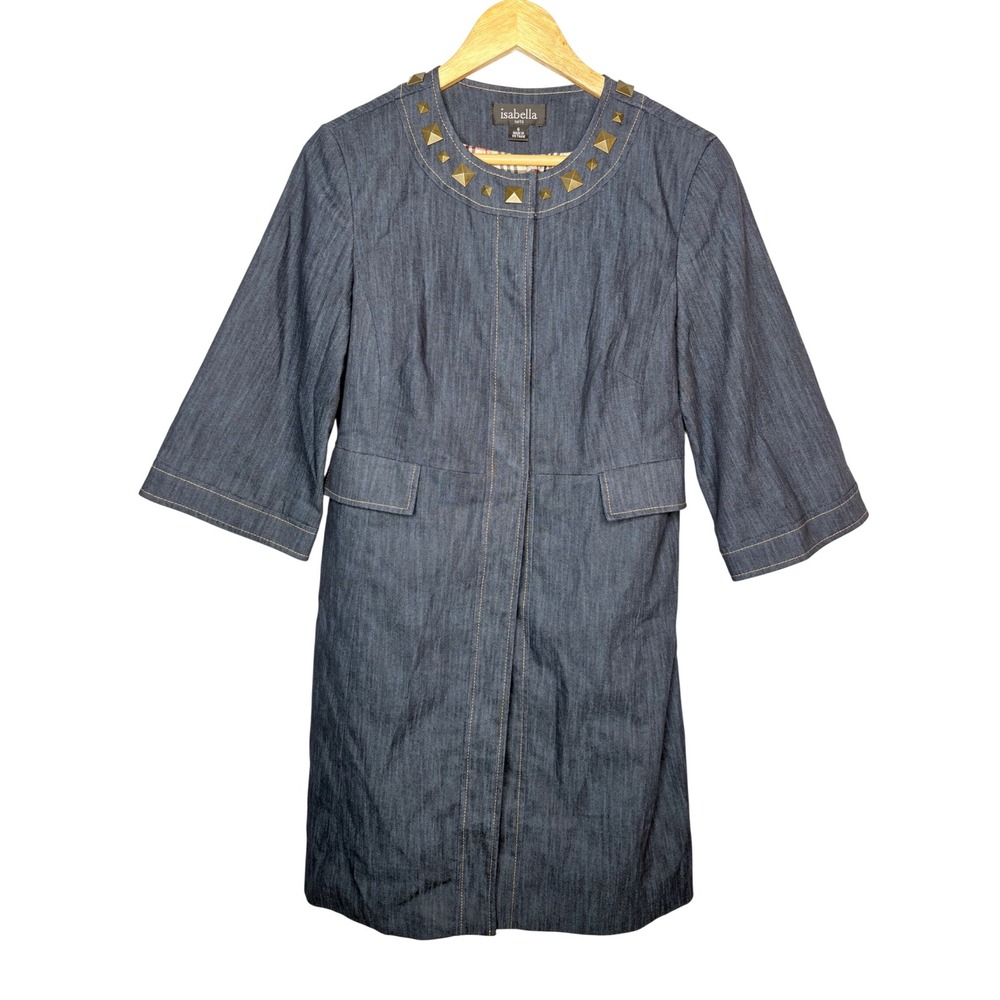 Isabella Suits Denim Studded Collar Trench‎ Coat Jacket 3/4 Sleeve Women Size 6